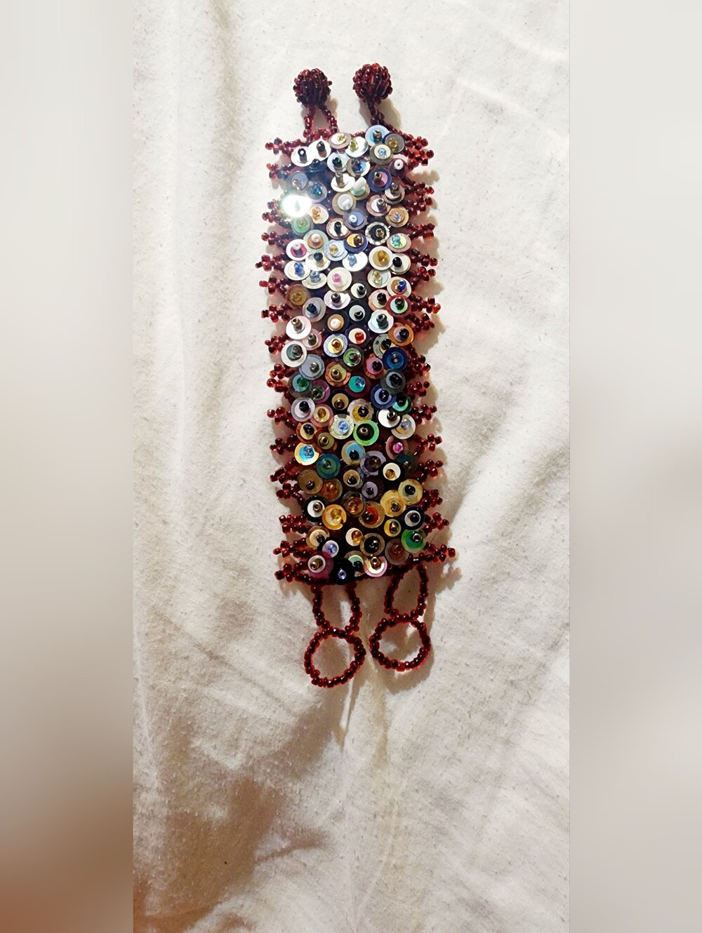 Handmade Multicolor Sequin & Beaded Bracelet - Red Accents